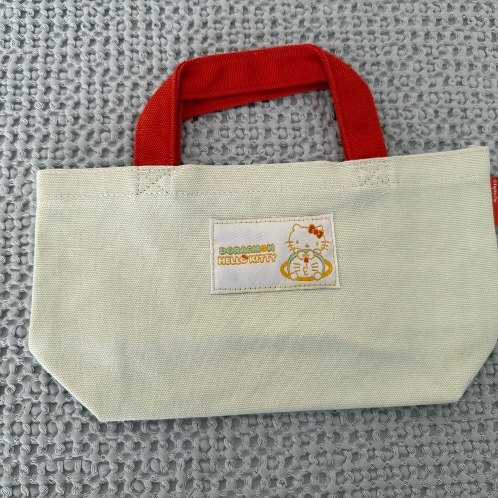 Hello Kitty and doraemon Cream Tote with Red Handles New